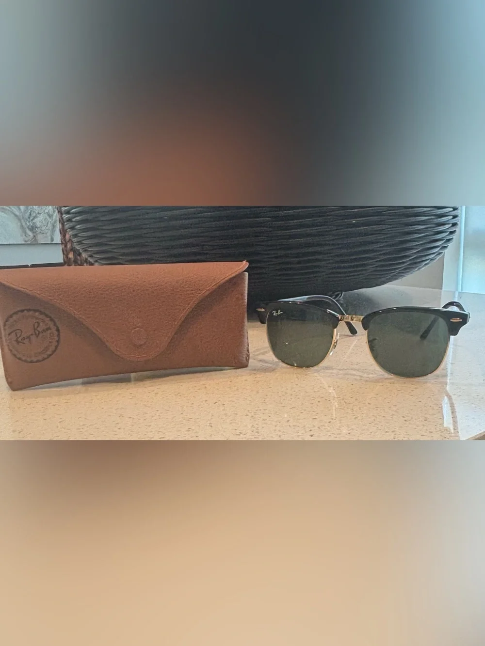 Ray-Ban Men’s Sunglasses with Brown Leather Case - Black/Green